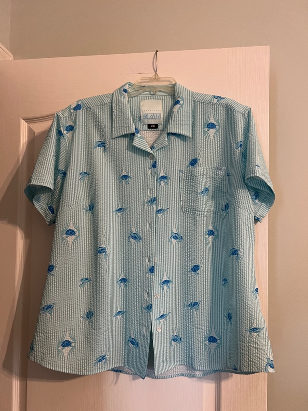 RSVLTS plus size woman’s 2XL aqua stripe and turtle Short-Sleeve Button-Up Shirt